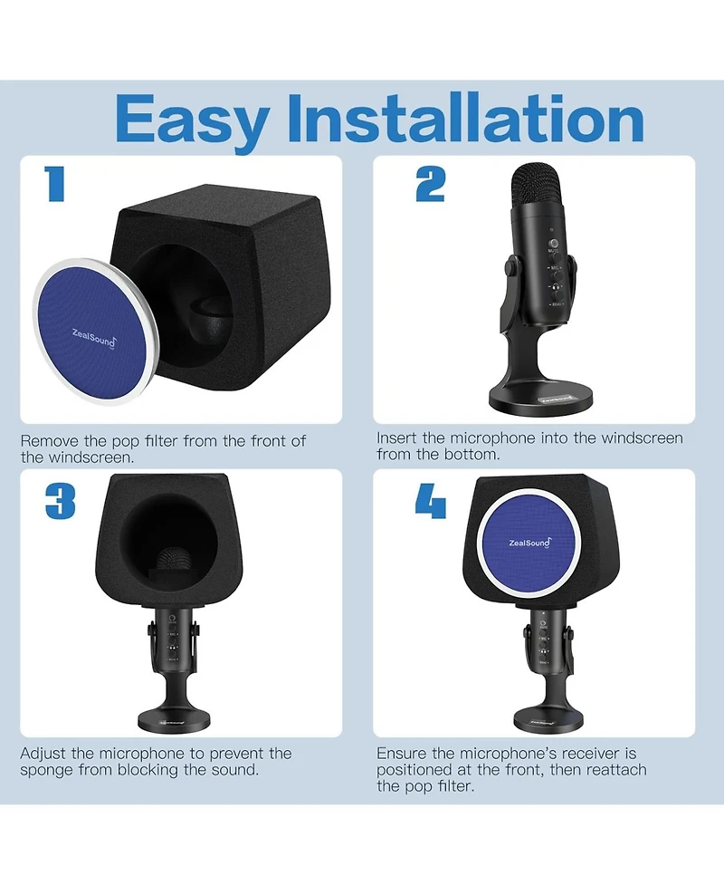 ZealSound Microphone Isolation Shield with Pop Filter, Noise-Canceling Foam Cover for Yeti, Nano, SoloCast & More Usb Mics (Black + Blue)