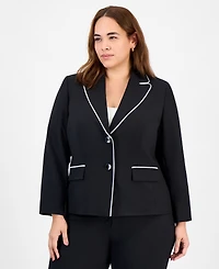 Le Suit Plus Piping-Trim Peak-Lapel Pantsuit Set