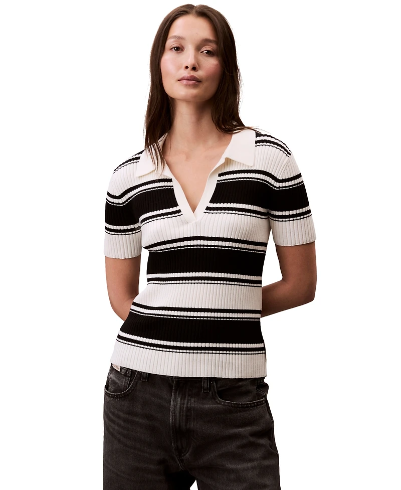 Calvin Klein Jeans Women's Cotton Polo Striped Short-Sleeve Sweater