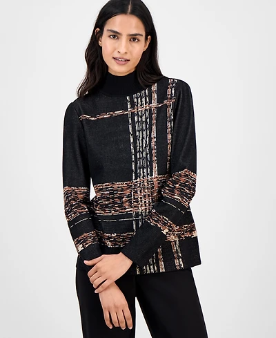 Anne Klein Women's Abstract Plaid Long-Sleeve Turtleneck Sweater