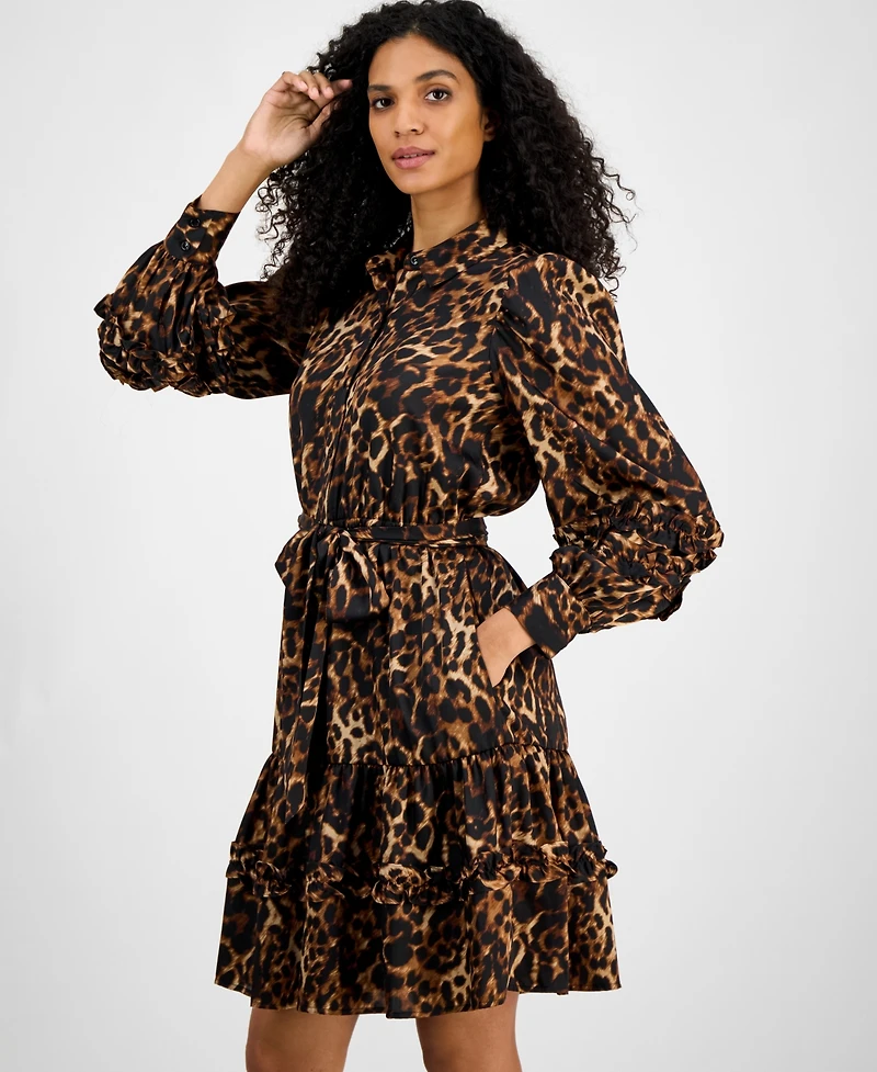 Anne Klein Women's Printed Tie-Waist Tiered Shirtdress