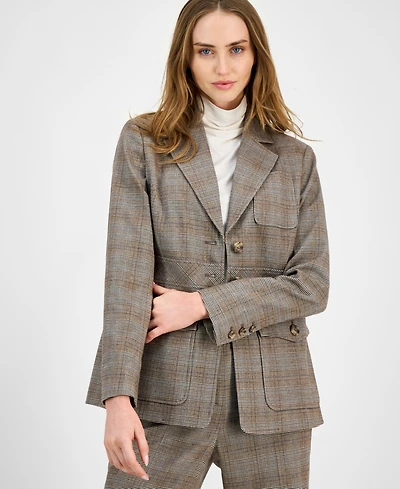Anne Klein Women's Check-Print Peak-Lapel Three-Pocket Jacket