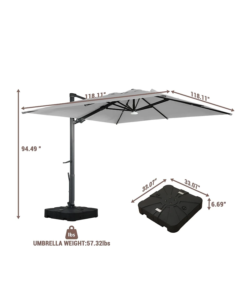Mondawe 120" Square Cantilever Umbrella with Detachable Led Atmosphere Light and Bluetooth Player, w/ Weight Base Included
