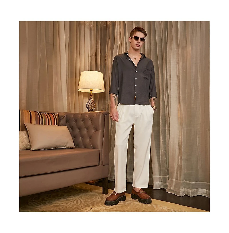 Campus Sutra Men's Charcoal Grey Breezy Wrinked Relaxed Shirt