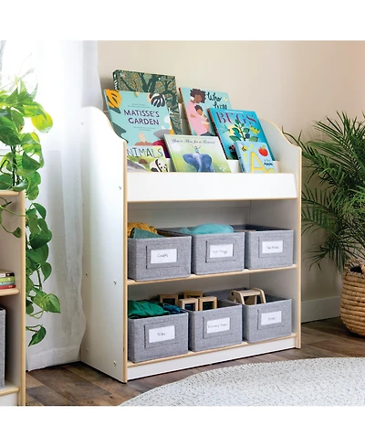 Guidecraft EdQ Book and Bin Browser - Natural: Children's Tall Wooden Bookshelf to Display Organize Kids' Books Playroom