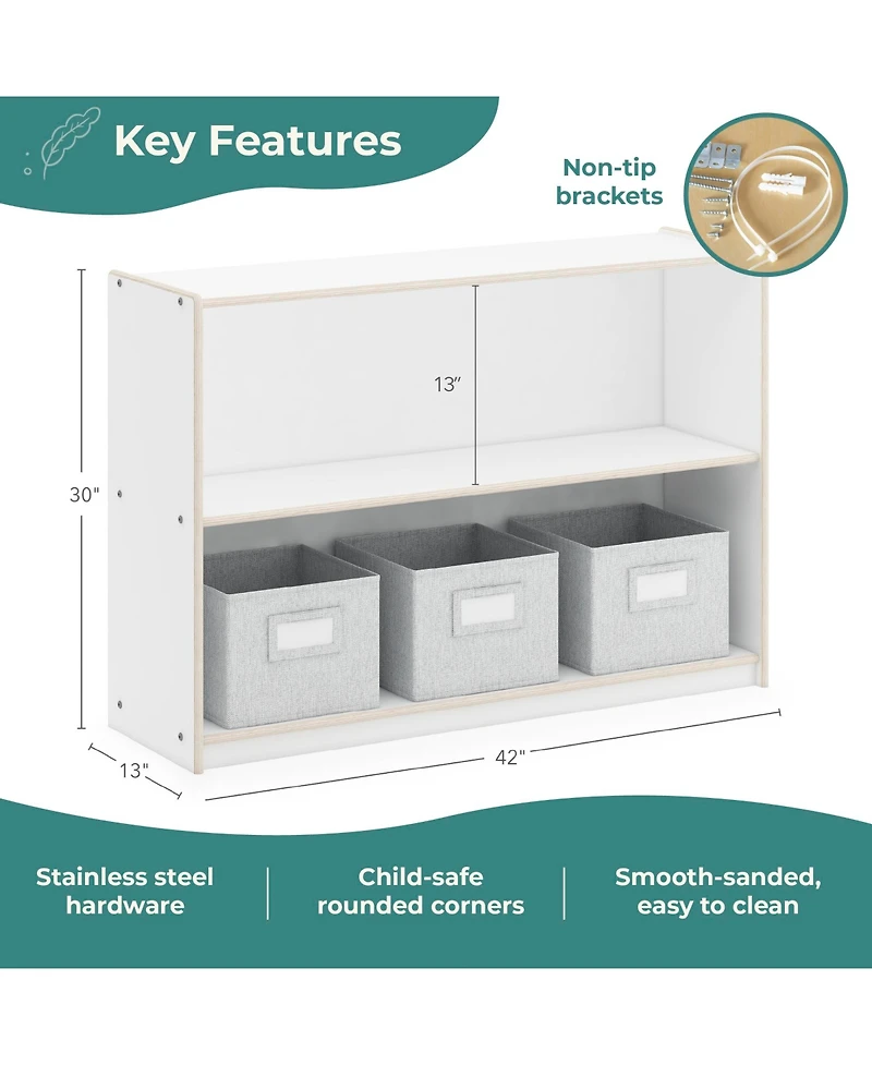 Guidecraft EdQ 2-Shelf Open Storage 30" - White: Kids' Low Wooden Bookshelf, Classroom and Playroom Furniture with Book and Toy Bins
