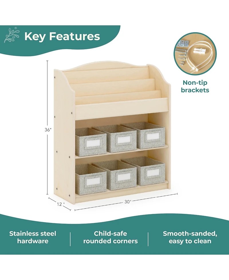 Guidecraft EdQ Book and Bin Browser - Natural: Children's Tall Wooden Bookshelf to Display Organize Kids' Books Playroom