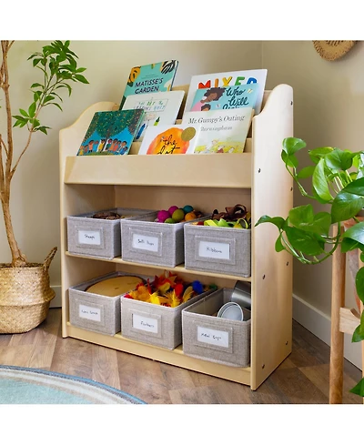 Guidecraft EdQ Book and Bin Browser - Natural: Children's Tall Wooden Bookshelf to Display Organize Kids' Books Playroom