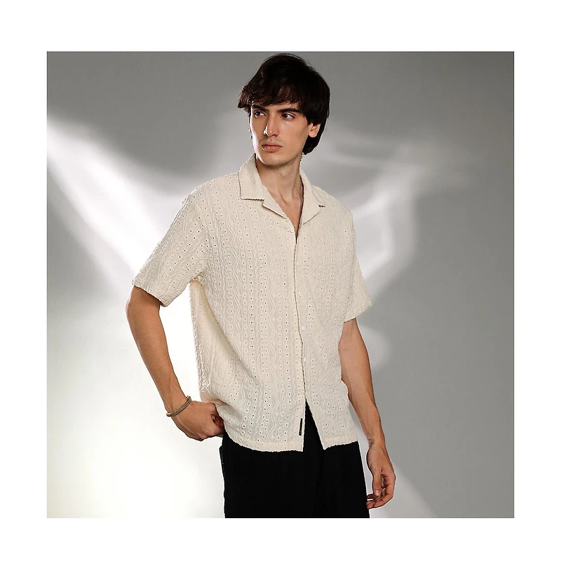 Campus Sutra Men's Off-White Aztec-Textured Shirt