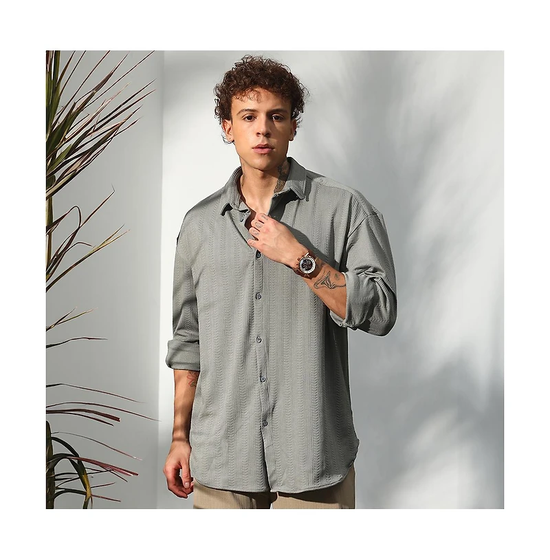 Campus Sutra Men's Ash Grey Stripe-Textured Shirt