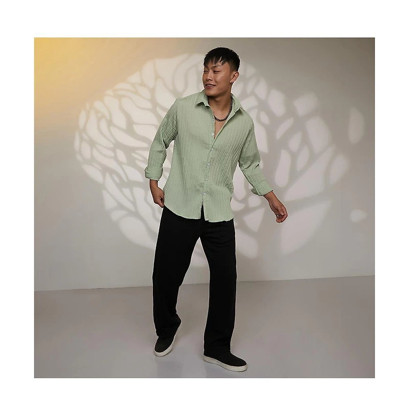 Campus Sutra Men's Sage Green Self-Design Striped Shirt