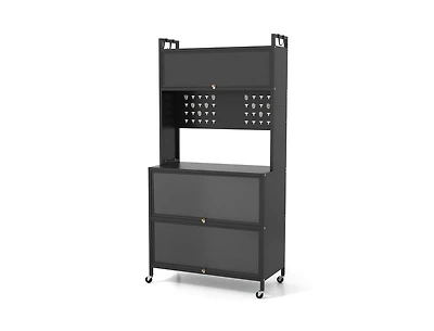 Slickblue 5 Tier Kitchen Bakers Rack with Lights Multifunctional Microwave Stand Flip Door Cabinets