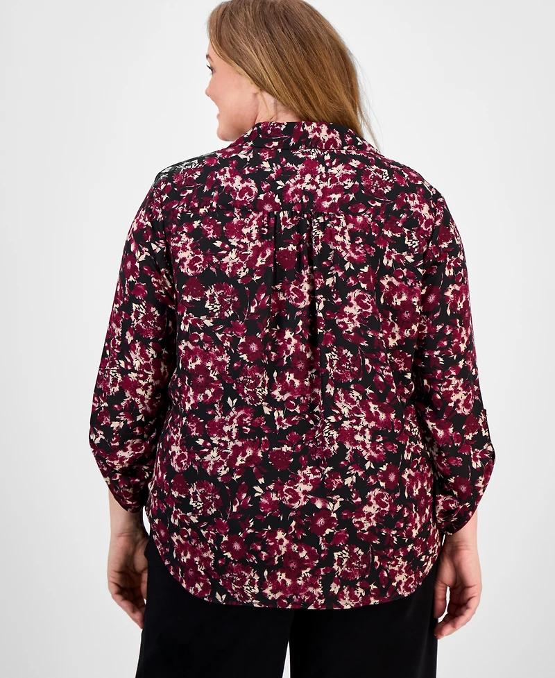 Ak Anne Klein Plus Floral-Print 3/4-Sleeve Top