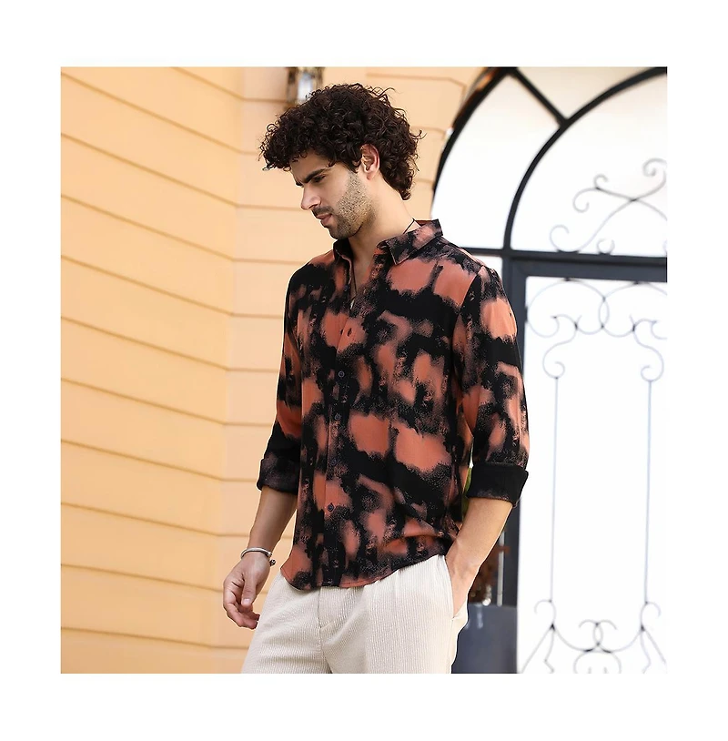 Campus Sutra Men's Obsidian Black & Sienna Brown Smudged-Block Regular Shirt