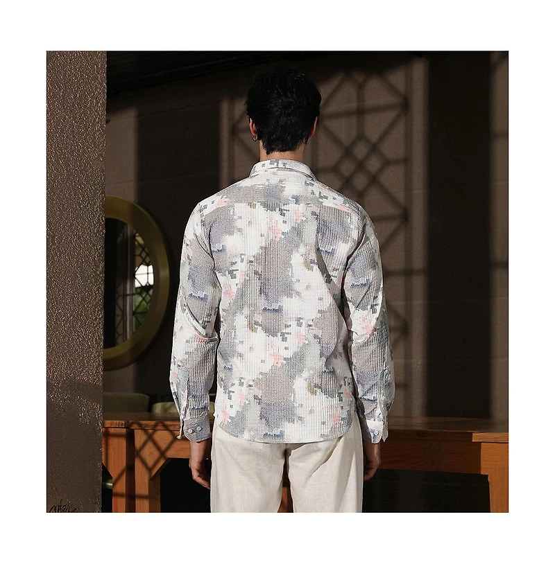 Campus Sutra Men's Moon Grey & Chalk White Artistic-Blur Shirt