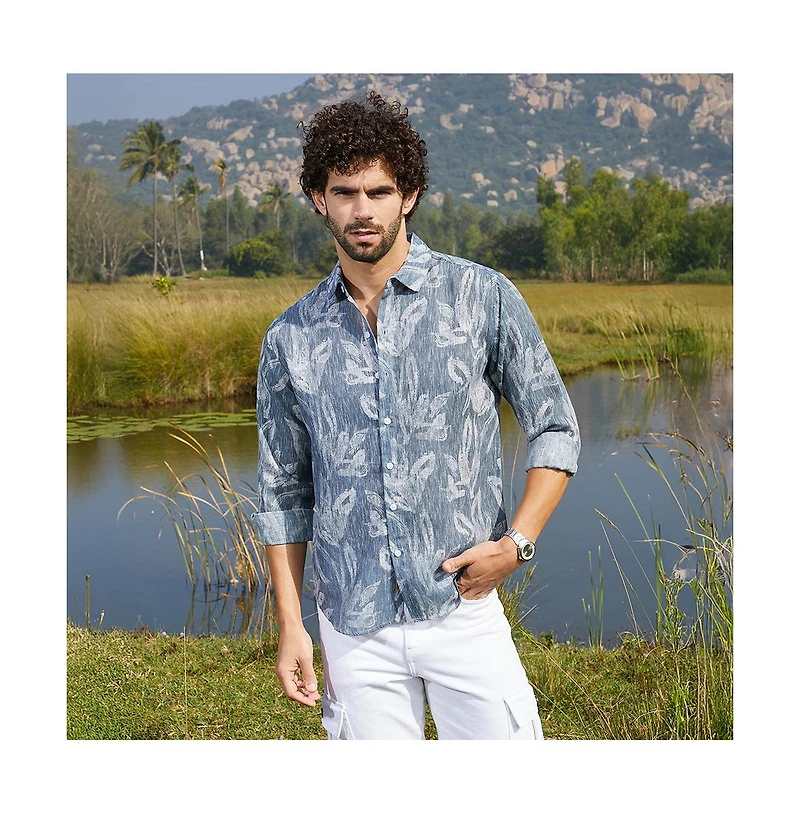 Campus Sutra Men's Steel Blue Stroked-Petals Shirt