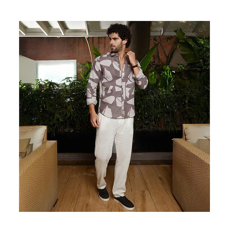 Campus Sutra Men's Ash Brown Abstract Heathered Shirt