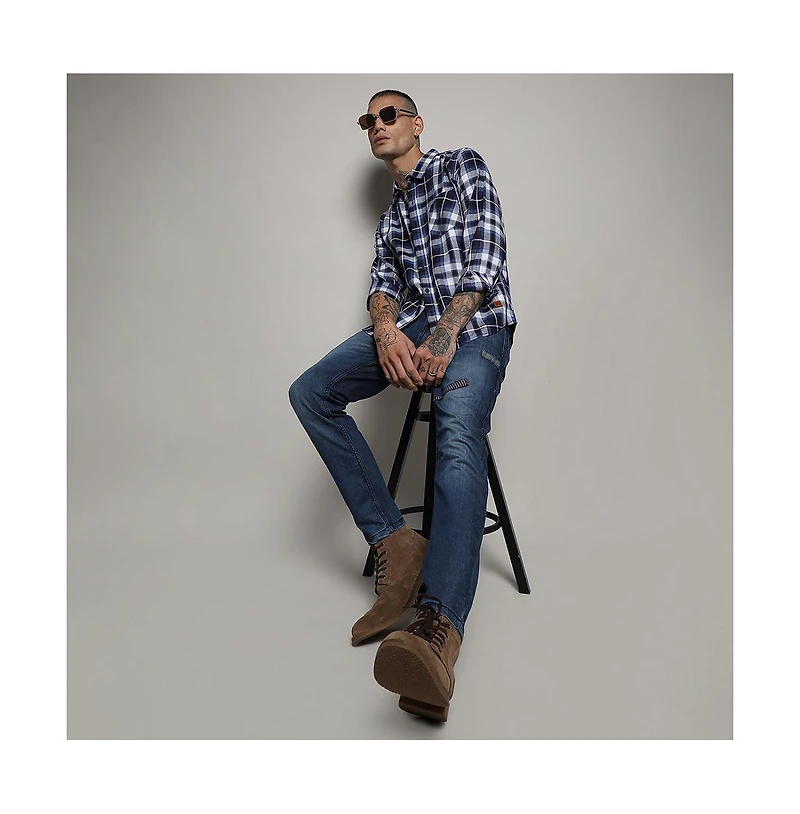 Campus Sutra Men's Navy Blue Tartan Plaid Shirt