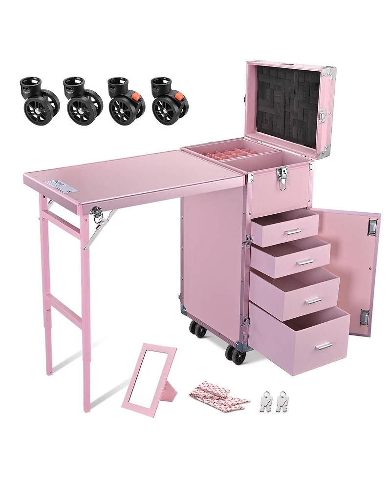 Byootique Rolling Cosmetic Case Nail Table with 4 pcs Replacement Wheels Pink