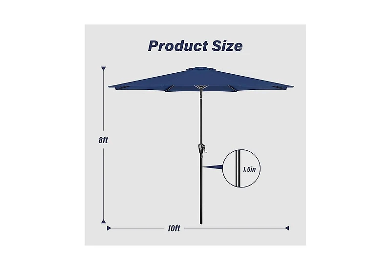 Flynama One 10ft Outdoor Market Patio Umbrella with 8 Sturdy Ribs, Tilt/Crank Push Button for Garden, Deck