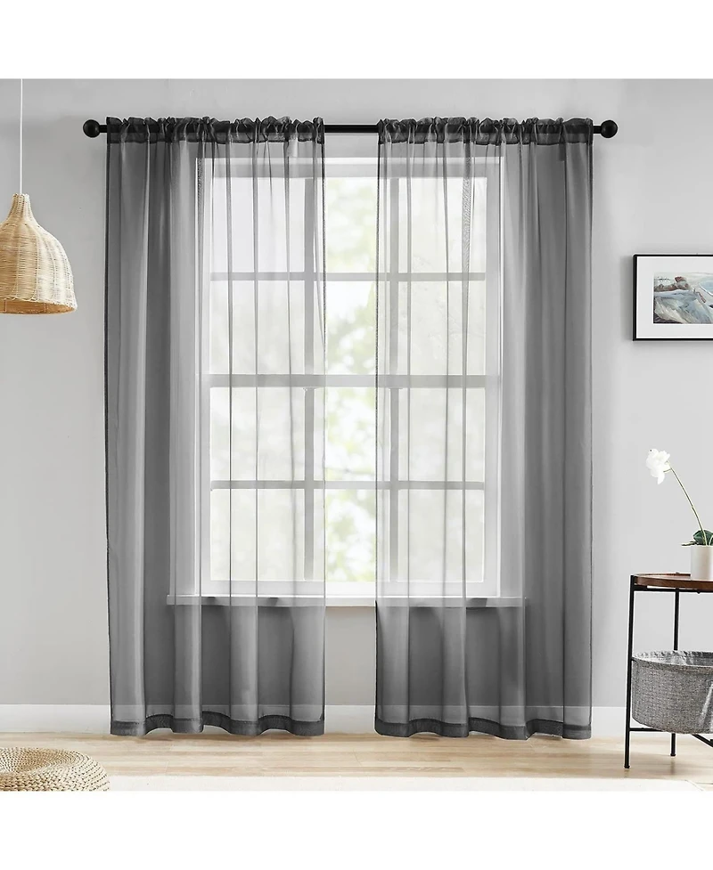Kate Aurora Hotel Lux 2 Piece Charcoal Gray Rod Pocket Sheer Curtain Panels