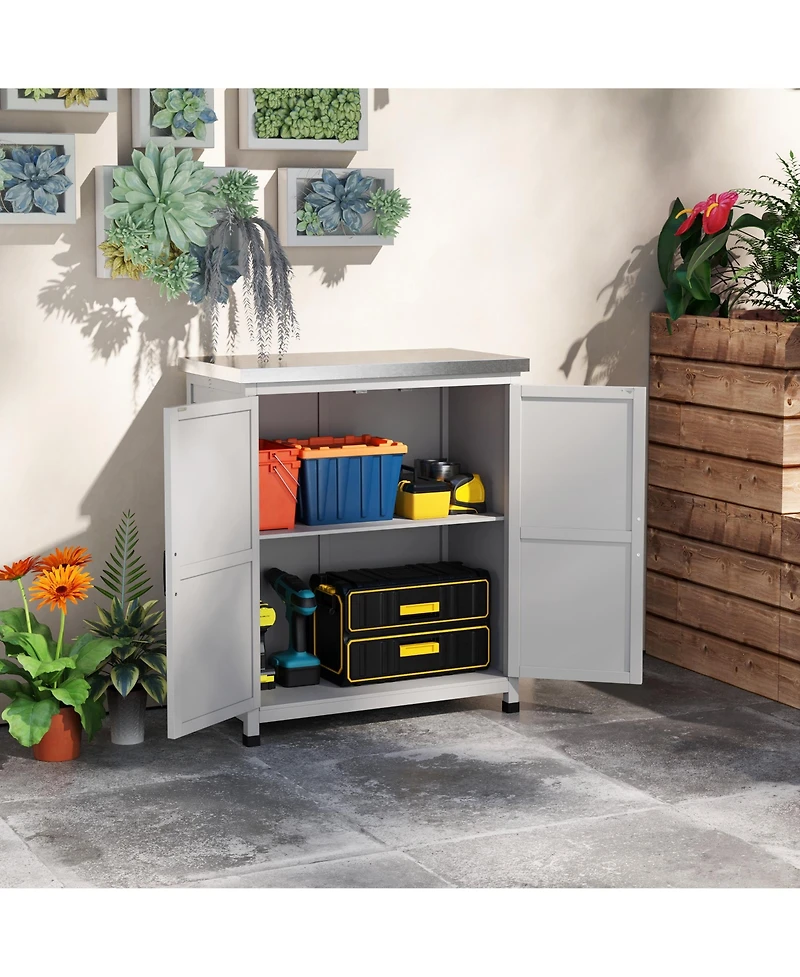 Outsunny Outdoor Storage Table, Wooden Tool Shed w/Shelves,