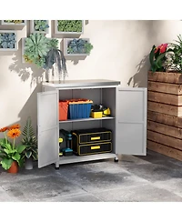 Outsunny Outdoor Storage Table, Wooden Tool Shed w/Shelves,