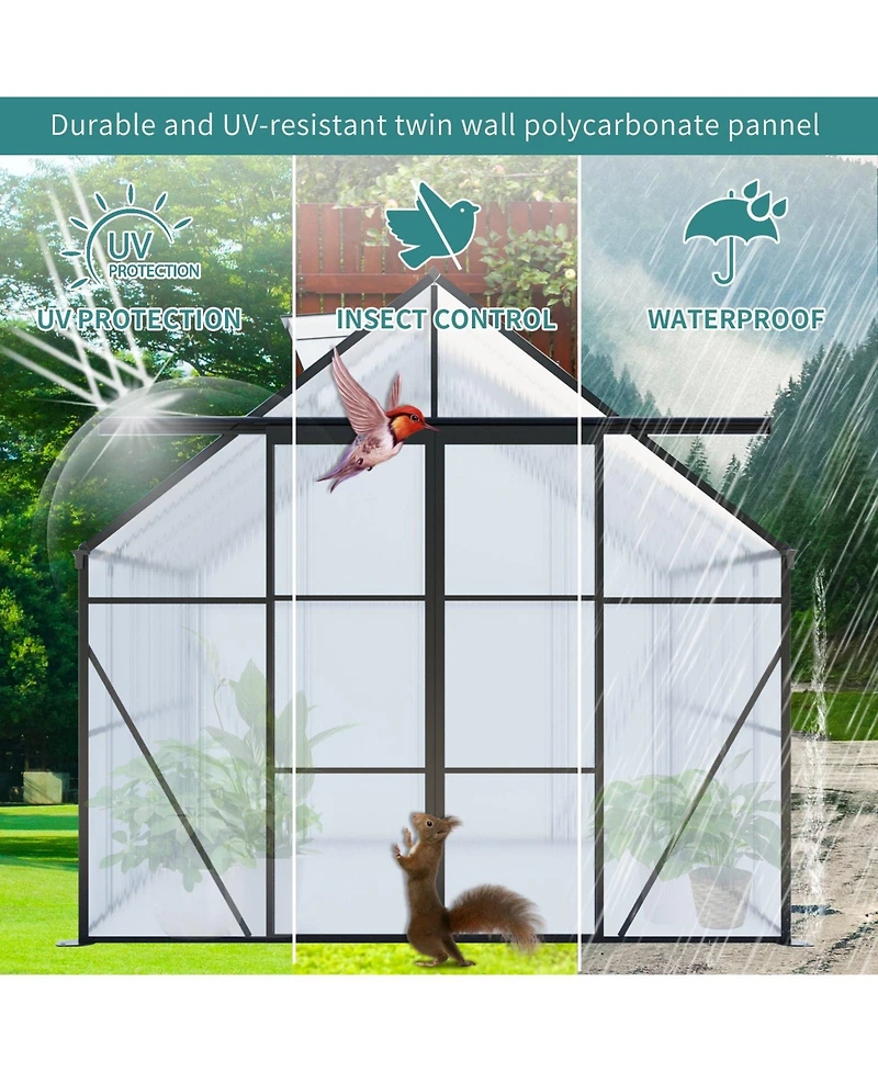 Mondawe 8x10FT Aluminum Double Door Polycarbonate Greenhouse with Raised Base and Anchor