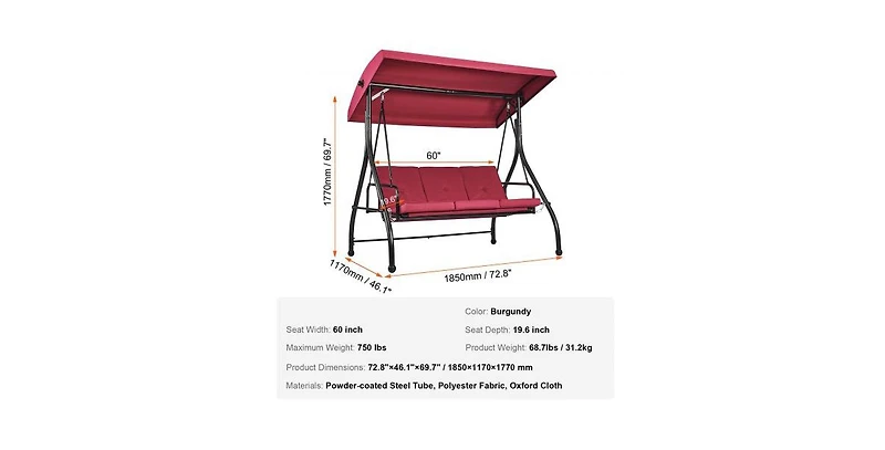 Slickblue 3-Seat Patio Swing Chair with Adjustable Canopy Removable Cushion and Steel Frame