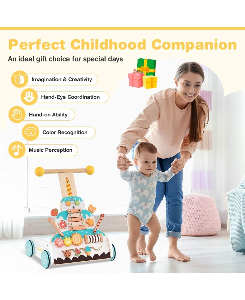 Costway Wooden Baby Walker Ice Cream Cart Toy with Sweet Accessories & Smooth Wheels