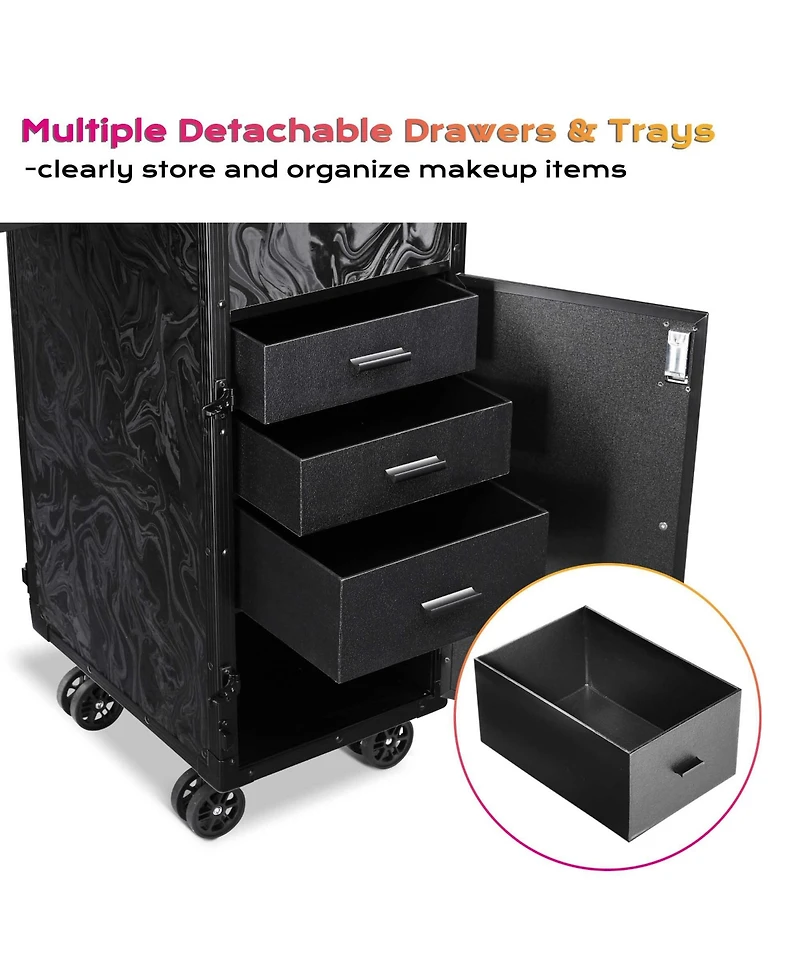 Byootique Rolling Nail Table & Makeup Case Kit Cosmetic Organizer Aluminum Black
