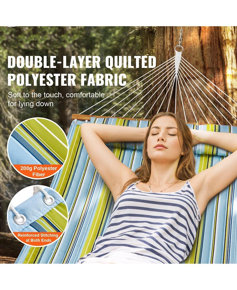 Double Quilted Fabric Hammock with Hardwood Spreader Bar Detachable Pillow