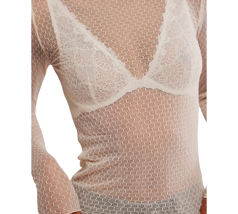 Free People Women's Patterned Mesh Mock Neck Top