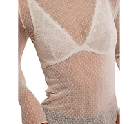 Free People Women's Patterned Mesh Mock Neck Top