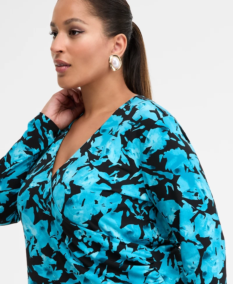 I.n.c. International Concepts Plus Printed Long-Sleeve Surplice-Neck Top, Macy's Exclusive