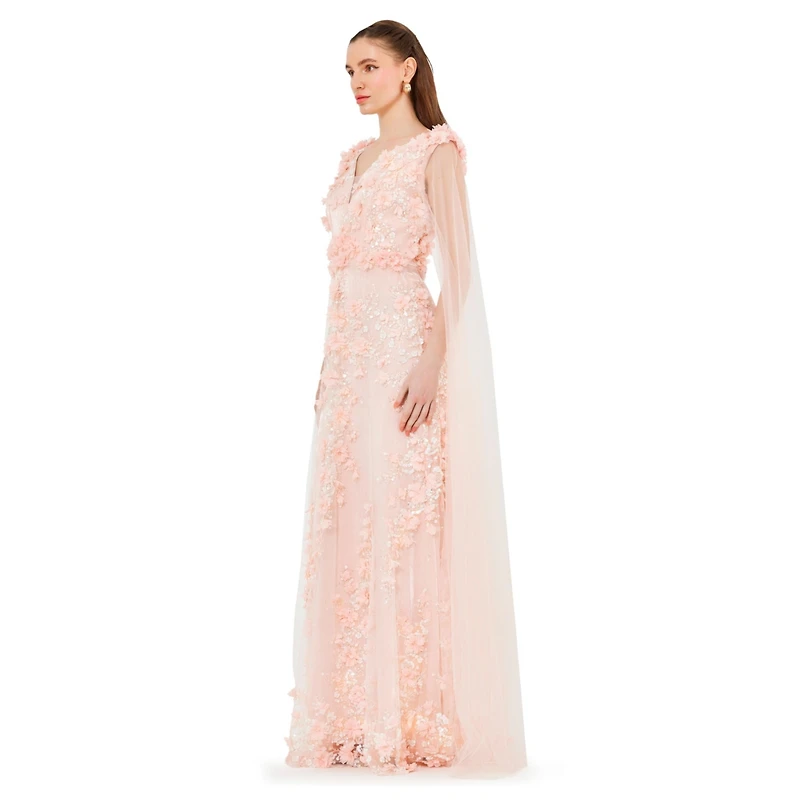 Amri Women's Tulle Cape Sleeve Floral Applique Gown