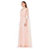 Amri Women's Tulle Cape Sleeve Floral Applique Gown