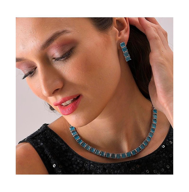 Sohi Women's Blue Crystal Bling Necklace And Earrings (Set Of 2)