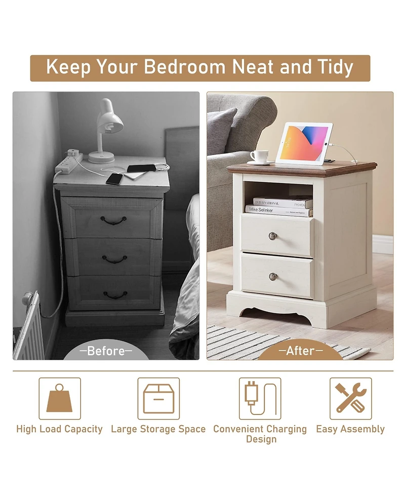 Nightstand 18 Inch with Charging Station,Usb Ports,Antique White