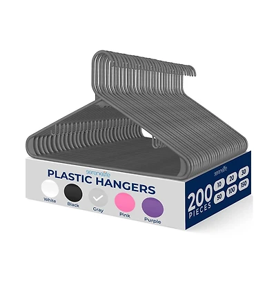 200 Pieces Plastic Hangers - Non-Slip, Sturdy, and Heavy Duty Coat Set with 360° Swivel Hook for Clothes (Gray)