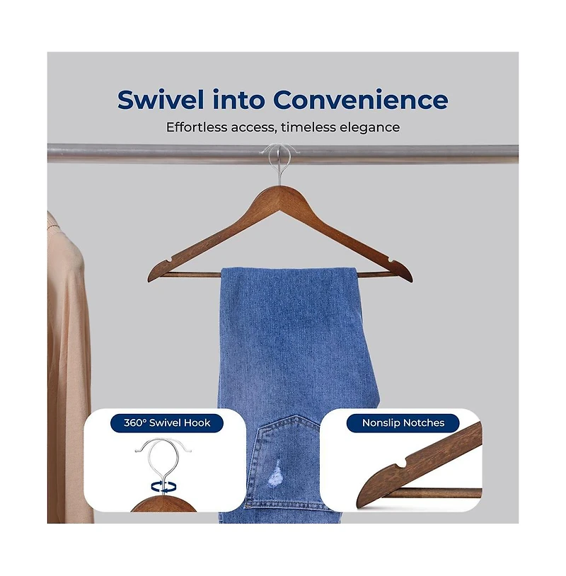 10 Pcs. Wooden Hangers - Non-Slip, Sturdy, and Heavy Duty Suit Hanger Set with Chrome 360° Swivel Hook (Vintage)
