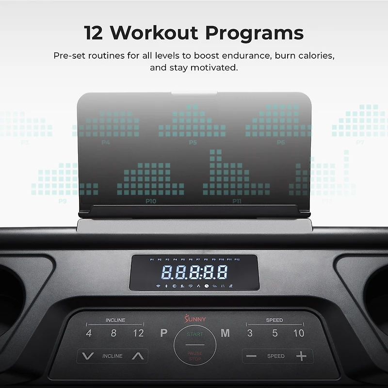 Sunny Health & Fitness Pace 500 Smart Wi-Fi Treadmill with 12-Level Auto Incline, Foldable Design