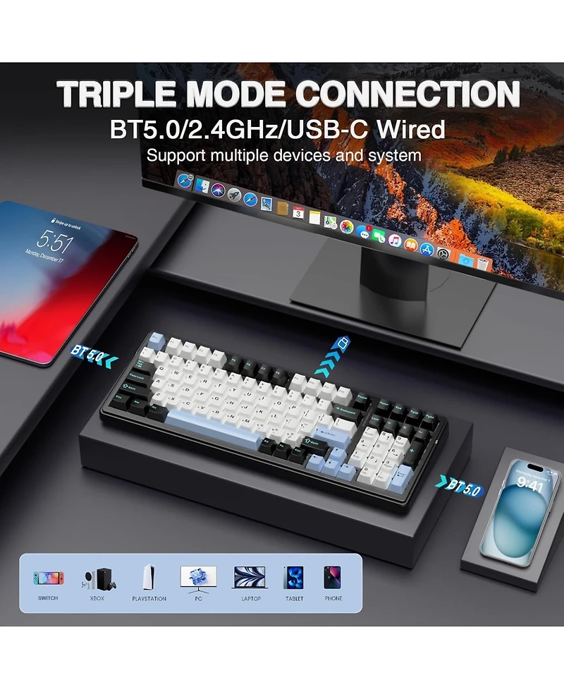 risokeys Wireless Mechanical Keyboard,Tri-Mode BT5.0/2.4GHz/Usb-c Hot Swappable Custom Keyboard,Gasket Structure,Rgb Backlit Gaming Keyboards for Pc/T