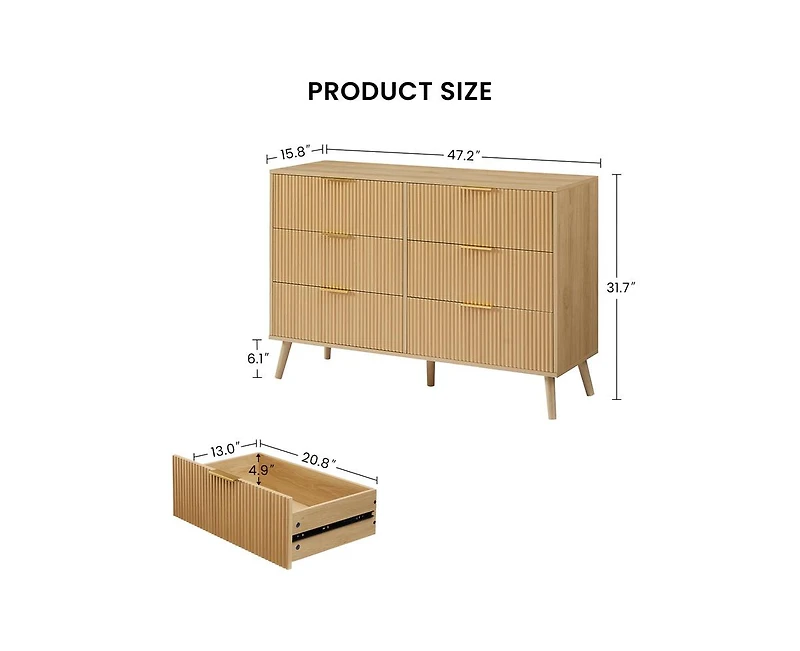 Casainc Wooden Kitchen Cabinet with 6 Double Drawers