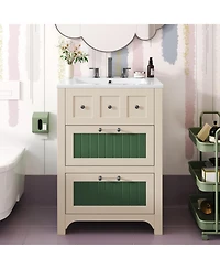 Casainc 24" Vanity with Ceramic Sink, Wooden Cabinet with 2 Drawers