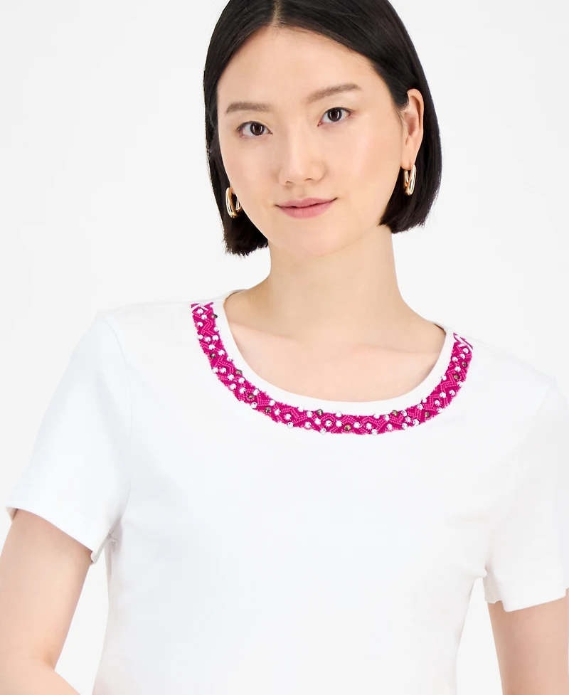 Jm Collection Women's Cotton Beaded-Neck T-Shirt, Exclusively at Macy's
