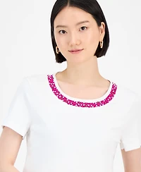 Jm Collection Women's Cotton Beaded-Neck T-Shirt, Exclusively at Macy's