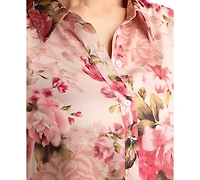 Bcx Juniors' Printed Stretch Satin Button-Front Top