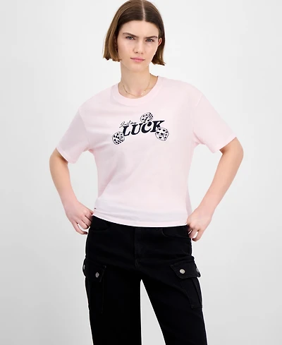 Rebellious One Juniors' Cropped Embroidered Luck T-Shirt