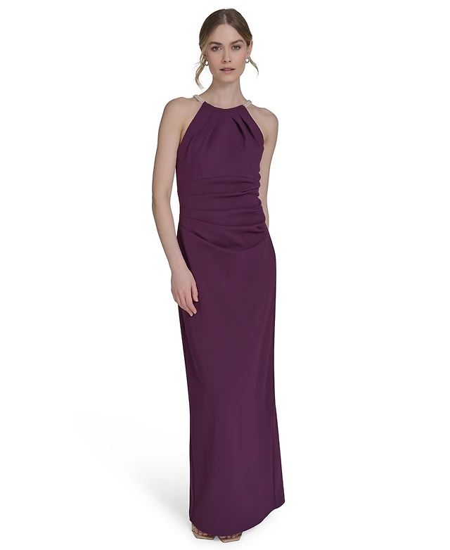 Eliza J Petite Scuba Crepe Halter Side-Tuck Gown | MainPlace Mall Eliza J Petite Scuba Crepe Halter Side-Tuck Gown | MainPlace Mall
